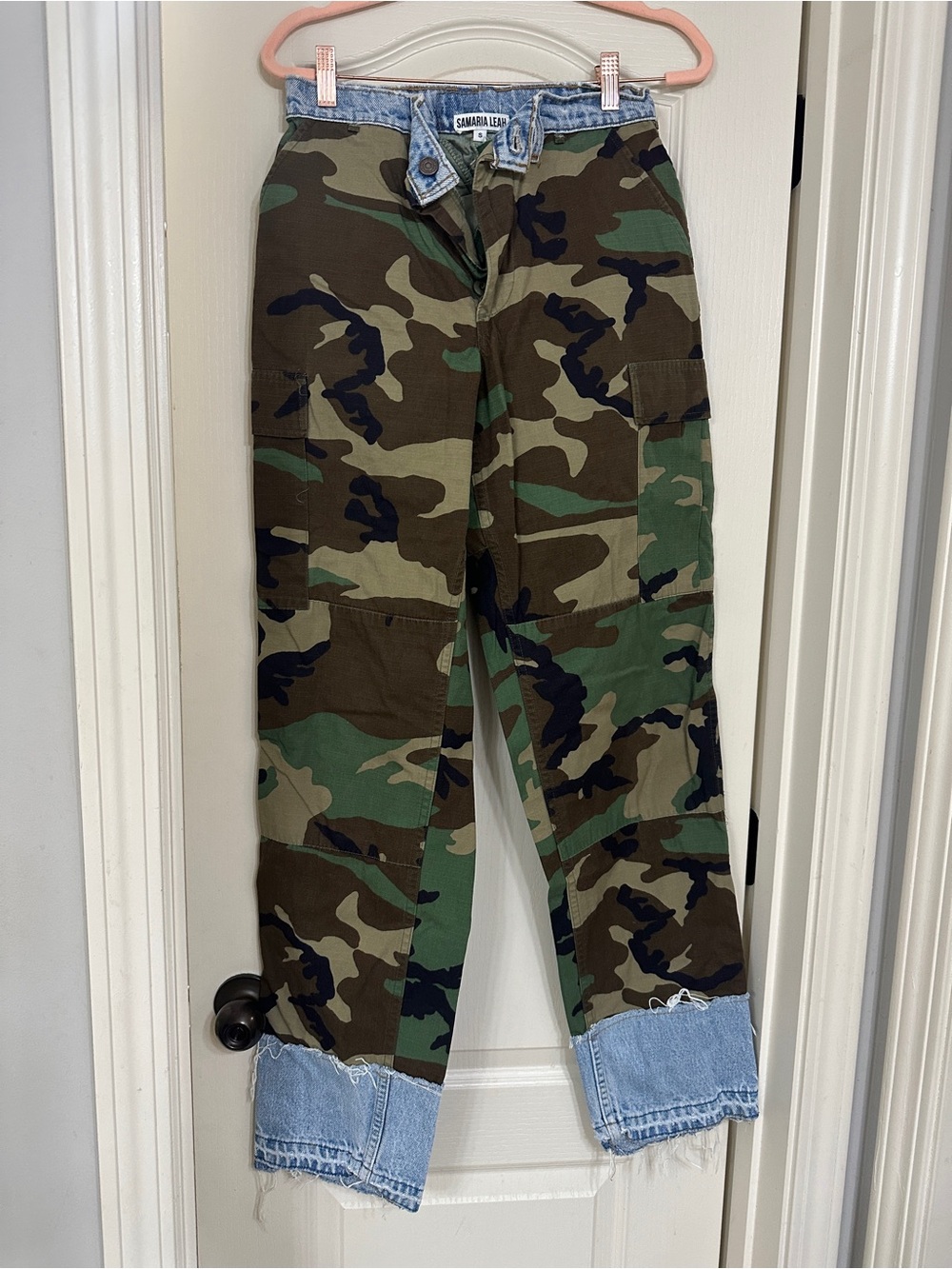 Women's Camo Straight Leg Cargo Pants with Denim Cuffs - Green Camo